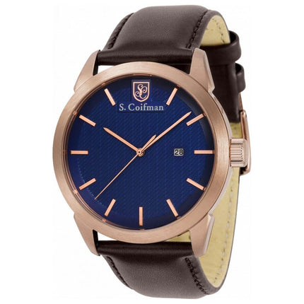 S. Coifman Men's Quartz Watch - Rose Gold Case Blue Dial Brown Leather Strap | SC0500 ,