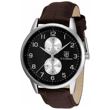 S. Coifman Men's Watch - Black and Silver Tone Dial Brown Leather Strap | SC0489 ,