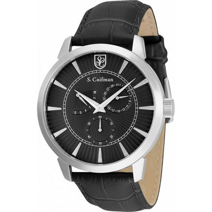 S. Coifman Men's Watch - Date Display Black Dial Leather Strap Silver Case | SC0524 ,