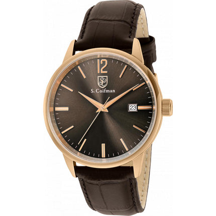 S. Coifman Men's Watch - Date Display Brown Dial Leather Strap Rose SS Case | SC0521 ,