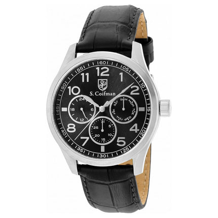 S. Coifman Men's Watch - Day-Date Silver Tone Case Black Dial Leather Strap | SC0503 ,
