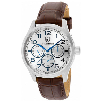 S. Coifman Men's Watch - Day-Date Silver Tone Dial Brown Leather Strap | SC0504 ,