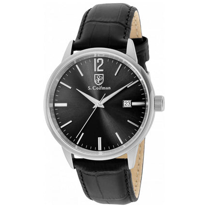 S. Coifman Men's Watch - Quartz Black Dial Silver Tone Case Leather Strap | SC0517 ,