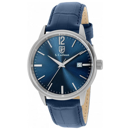 S. Coifman Men's Watch - Quartz Blue Dial Silver Tone Case Leather Strap | SC0518 ,