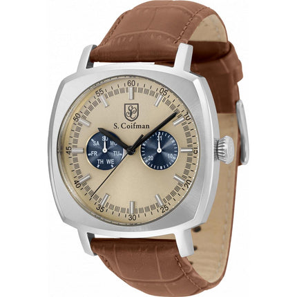 S. Coifman Men's Watch - Quartz Date Beige and Dark Blue Dial Leather Strap | SC0522 ,