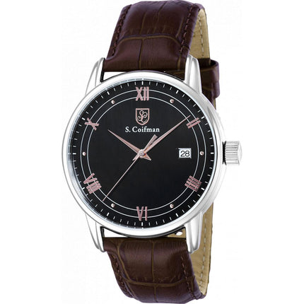 S. Coifman Men's Watch - Quartz Date Display Black Dial Brown Leather Strap | SC0537 ,