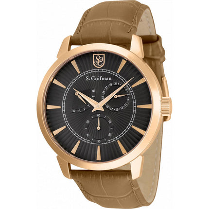 S. Coifman Men's Watch - Quartz Date Display Black Dial Tan Leather Strap | SC0526 ,