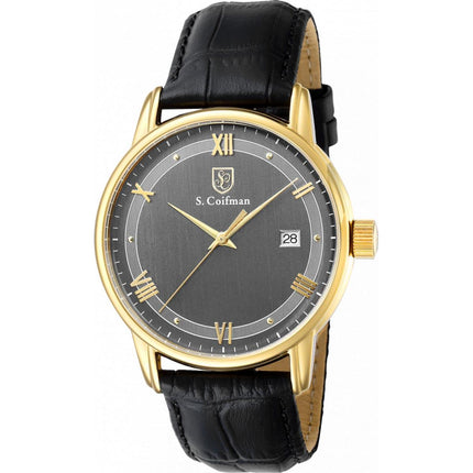 S. Coifman Men's Watch - Quartz Date Display Grey Dial Black Leather Strap | SC0539 ,
