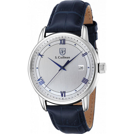 S. Coifman Men's Watch - Quartz Date Display Silver Dial Blue Leather Strap | SC0538 ,