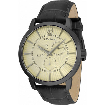 S. Coifman Men's Watch - Quartz Date Khaki Dial Black Genuine Leather Strap | SC0527 ,