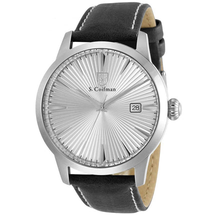 S. Coifman Men's Watch - Quartz Silver Tone Case Black Leather Strap | SC0467 ,