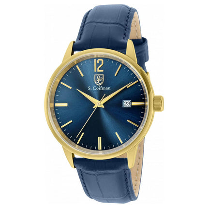S. Coifman Men's Watch - Quartz Yellow Gold Case Blue Dial Leather Strap | SC0519 ,