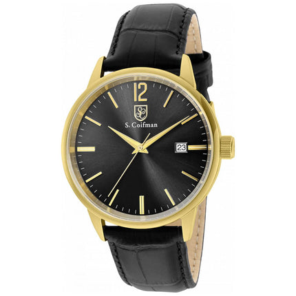 S. Coifman Men's Watch - Yellow Gold Case Quartz Black Dial Leather Strap | SC0520 ,