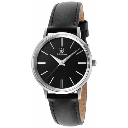 S. Coifman Women's Quartz Watch - Silver Tone Case Black Dial Leather Strap | SC0485 ,