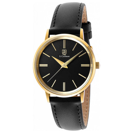 S. Coifman Women's Quartz Watch - Yellow Gold Case Black Dial Leather Strap | SC0486 ,