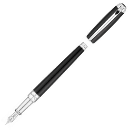 S.T. Dupont Fountain Pen - Line D Glossy Black and Silver, Medium Nib | DP410100M ,