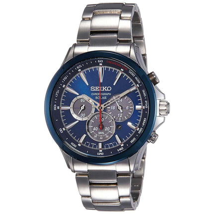 Seiko Men's Bracelet Watch - Solar Chronograph Blue & Grey Dial Steel | SSC495P1 ,