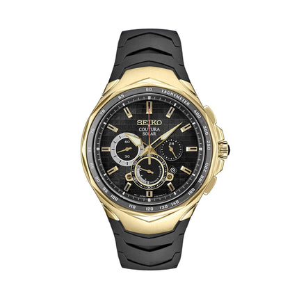 Seiko Men's Chrono Watch - Coutura Yellow Gold Case Black Dial Rubber Strap | SSC810P9 ,