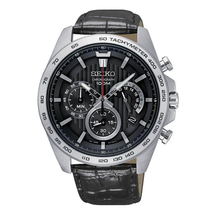 Seiko Men's Chronograph Watch - Black Dial Black Leather Strap | SSB305P1 ,