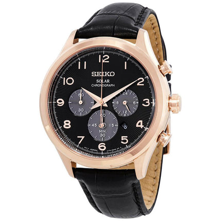 Seiko Men's Chronograph Watch - Core Solar Black Dial Leather Strap | SSC566 ,