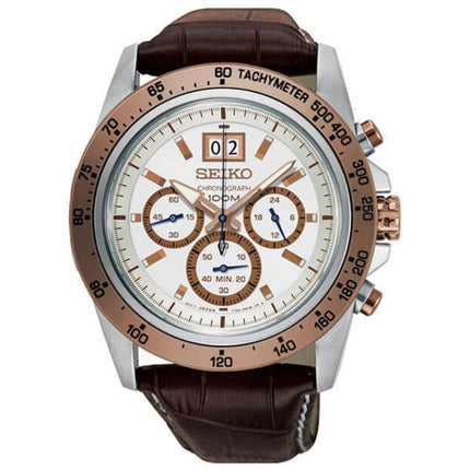 Seiko Men's Chronograph Watch - Lord White and Rose Gold Dial Leather Strap | SPC246P1 ,