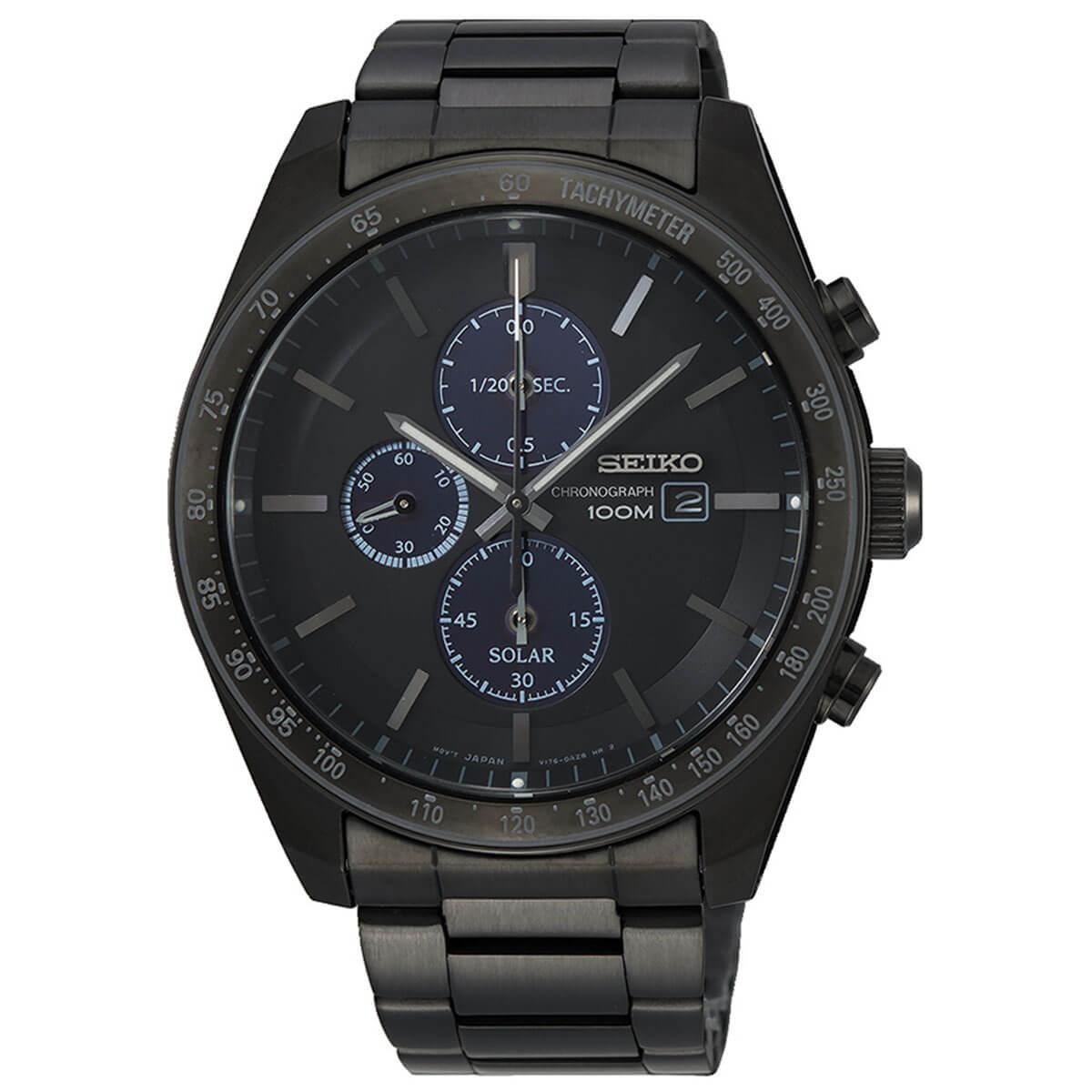 Seiko Men s Chronograph Watch Solar Black Blue Dial Black Bracelet