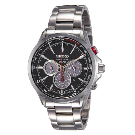 Seiko Men's Chronograph Watch - Solar Black & Grey Dial Steel Bracelet | SSC493P1 ,