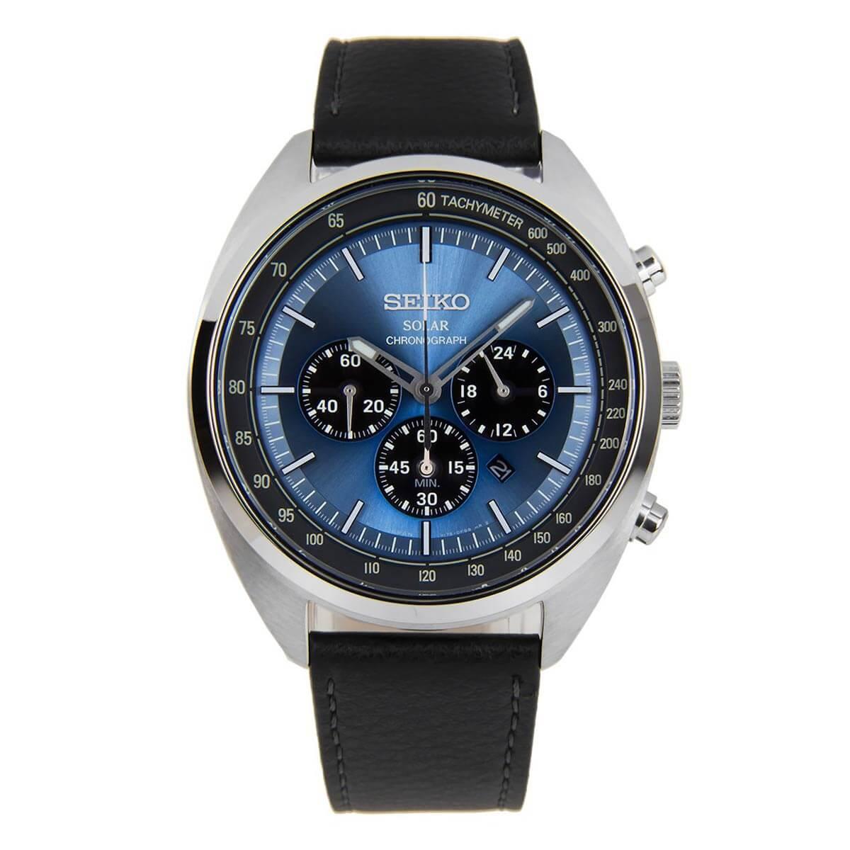 Seiko Men's Chronograph Watch - Solar Blue & Black Dial Leather