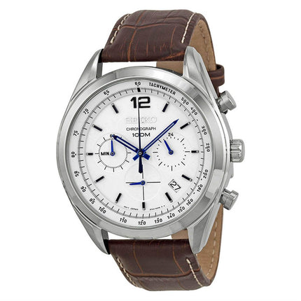 Seiko Men's Chronograph Watch - White Dial Brown Leather Strap | SSB095P1 ,