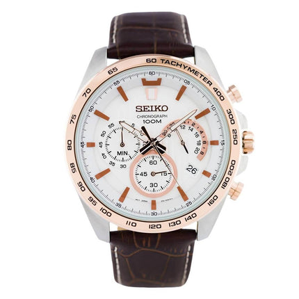 Seiko Men's Chronograph Watch - White Dial Brown Leather Strap | SSB306P1 ,