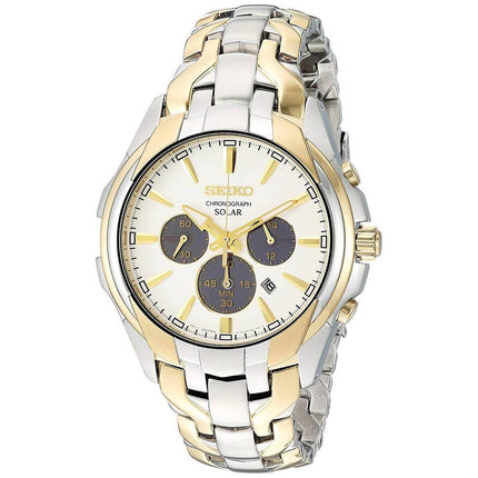 Seiko Men's Eco Drive Watch - Solar Black and Gold Tone Dial Bracelet | SSC634 ,