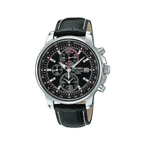 Seiko Men's Leather Strap Alarm Chronograph Watch SNAB65