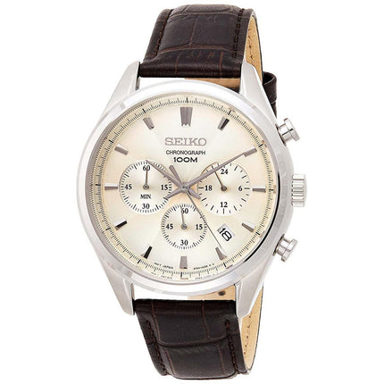 Seiko Men's Quartz Watch - Chronograph Champagne Dial Brown Leather Strap | SSB293P1 ,