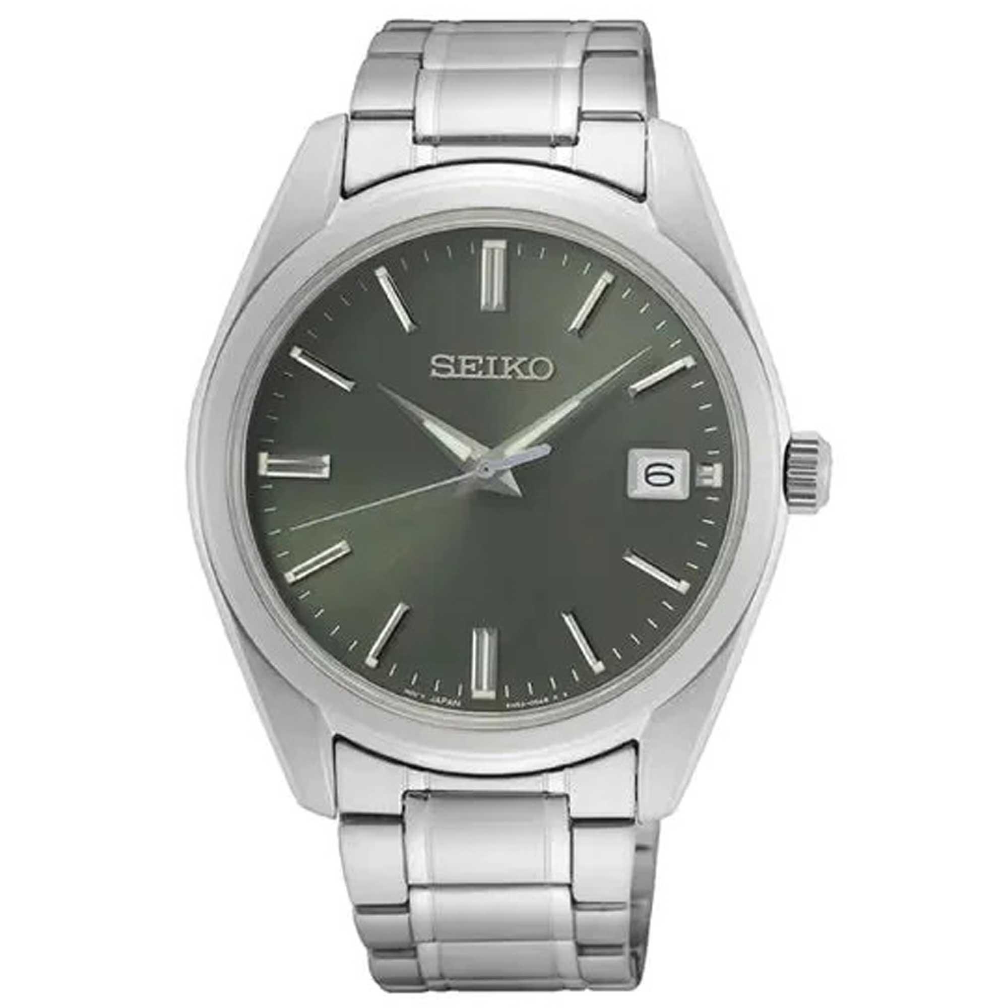 seiko green dial dress Men's Quartz Watch - Olive Silver Steel Bracelet WHBM Tropical dress by Color:Very Black Available at stylessence fine tropical