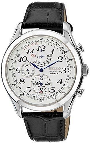 Seiko Men's SPC131P1 Neo Classic Alarm Perpetual Chronograph White Dial Black Leather Strap Watch ,