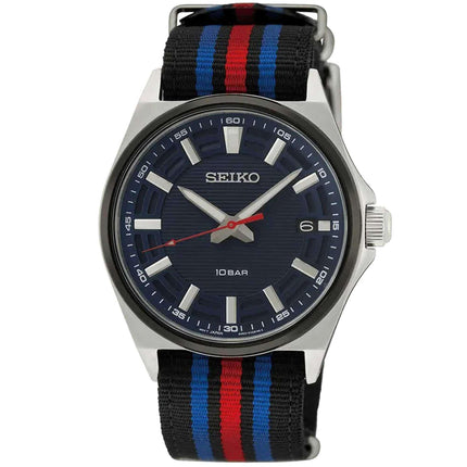 Seiko Men's Watch - Essentials Silver Tone Case Black, Blue, Red Strap | SUR509P1 ,