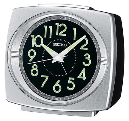 Seiko QHK002SLH Black Dial Silver Tone Metallic Beside Alarm Clock ,