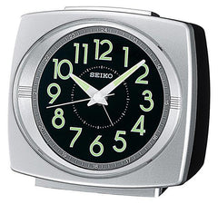 Seiko QHK002SLH Black Dial Silver Tone Metallic Beside Alarm Clock