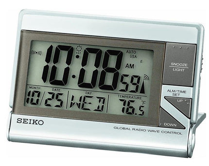 Seiko QHR016SLH Global R-Wave Travel Alarm Metallic Case Clock ,