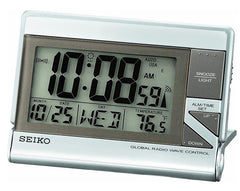 Seiko QHR016SLH Global R-Wave Travel Alarm Metallic Case Clock