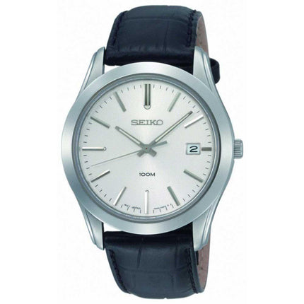 Seiko SGEE41P2 Men's Black Leather Strap Silver Dial Quartz Watch ,