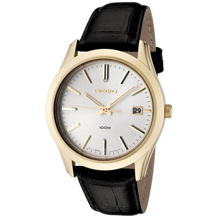 Seiko SGEE48P1 Men's Silver Dial Gold Plated Steel Black Leather Strap Watch ,