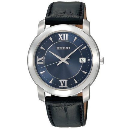 Seiko SGEE97 Men's Blue Dial Black Leather Strap Stainless Steel Date Watch ,