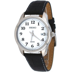 Seiko SGEG17 Men's Easy Reader White Dial Black Leather Strap Steel Watch