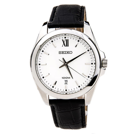 Seiko SGEG77 Men's White Dial Black Leather Strap Quartz Date Watch ,