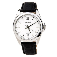 Seiko SGEG77 Men's White Dial Black Leather Strap Quartz Date Watch