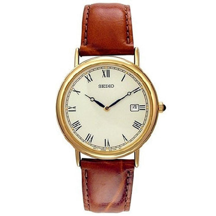 Seiko SKP016 Men's Dress Gold Tone Dial Brown Leather Strap Gold Tone Watch ,