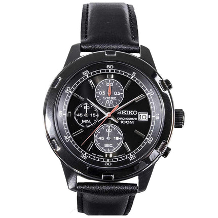 Seiko SKS439 Men's Sport Chronograph Black Dial Black Leather Strap Watch ,