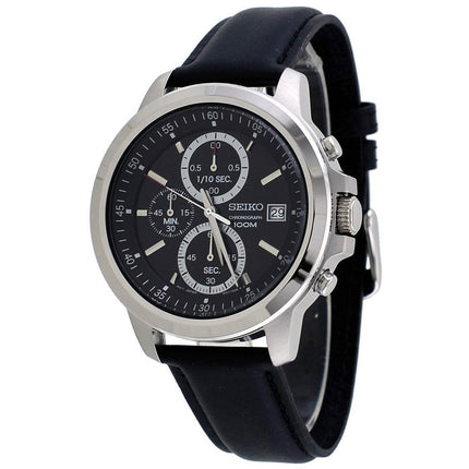 Seiko SKS453 Men's Black Dial Black Leather Strap Chronograph Watch ,