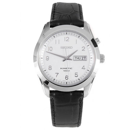 Seiko SMY109P1 Men's White Dial Black Leather Strap Kinetic Watch ,
